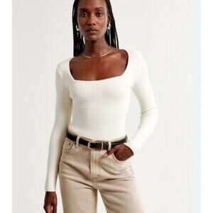 Abercrombie & Fitch Ribbed Square Neck Long Sleeve Sweater Bodysuit White Large
